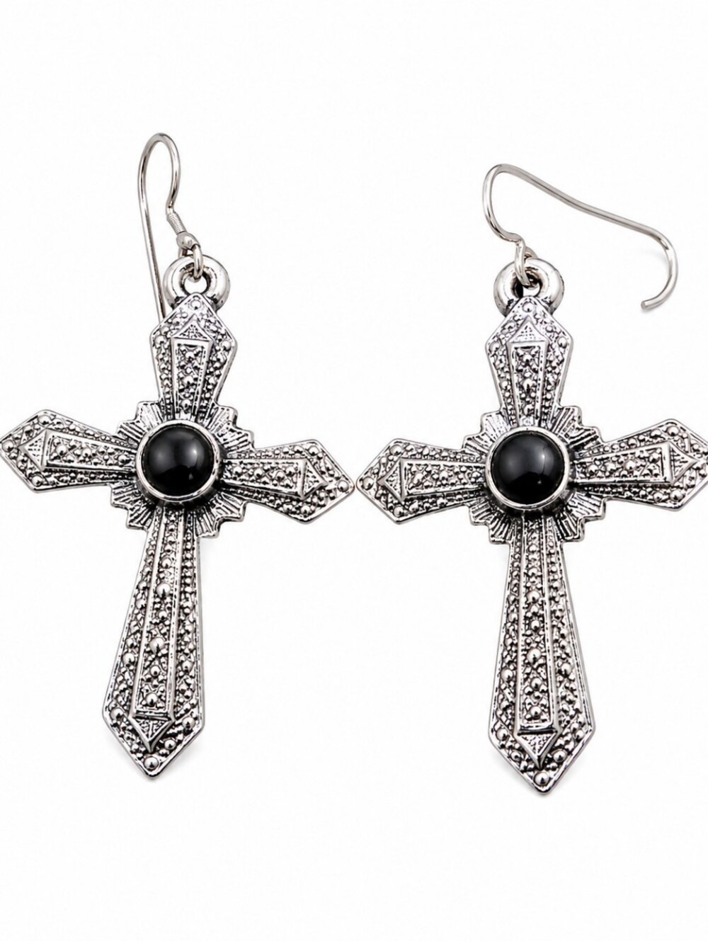 Vintage Gothic Cross Dangle Earrings Silver Tone Black Cabochon Statement Jewelr